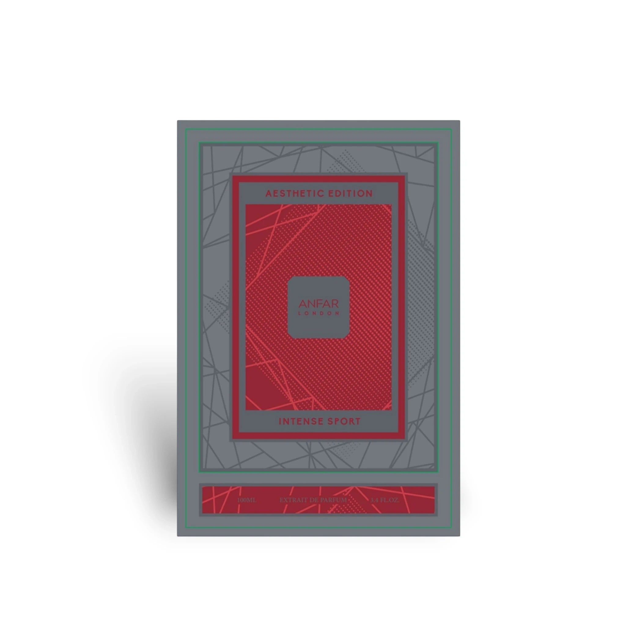Soghaat Anfar London Intense Sport Extrait de Parfum 100ml rectangular fragrance box in grey and red geometric design