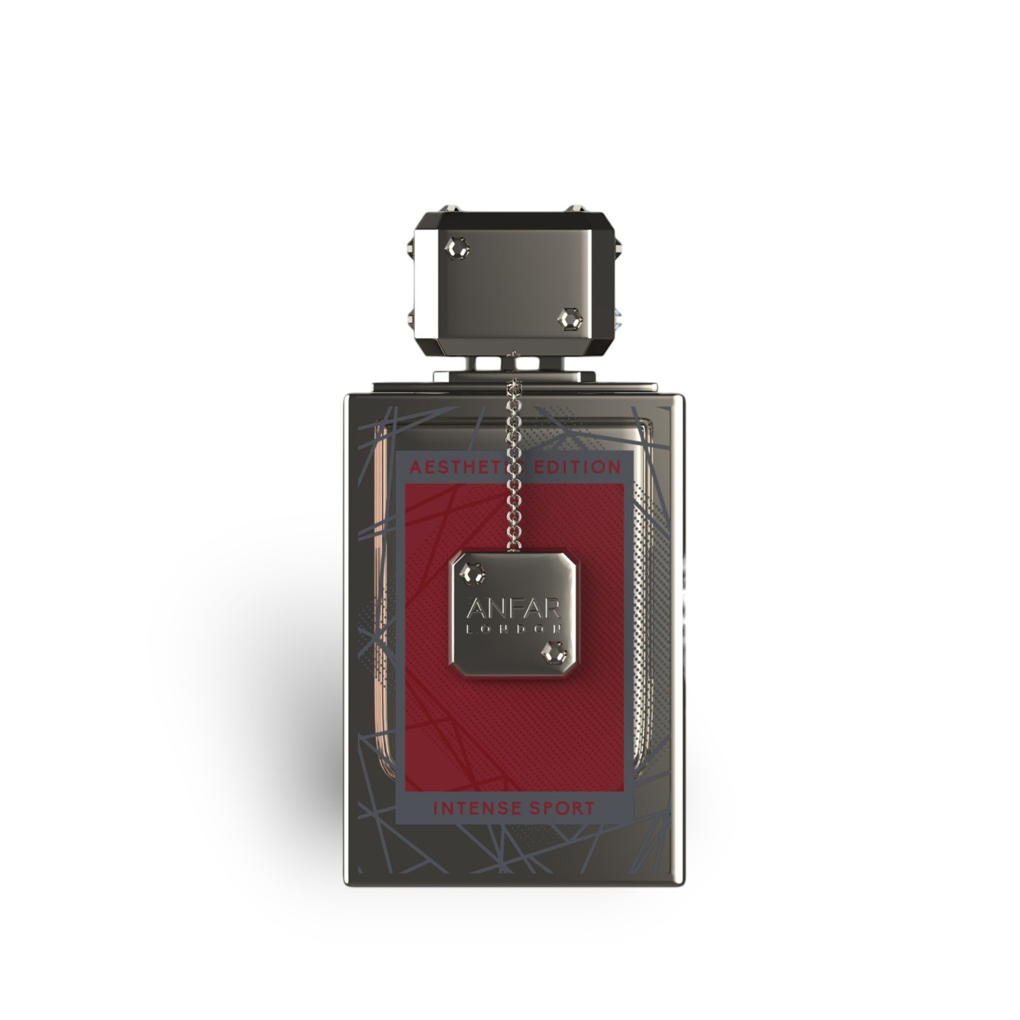 Soghaat Anfar London Intense Sport Extrait de Parfum bottle with a metallic cap, red label, and silver chain detail.