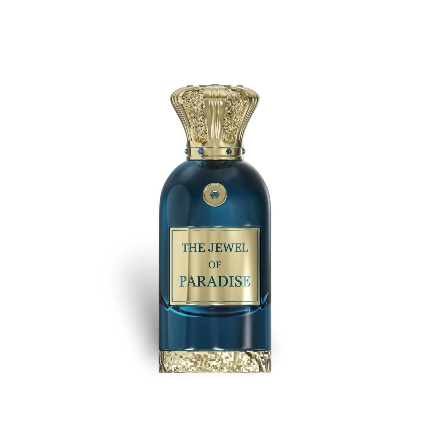 Soghaat Anfar London The Jewel of Paradise 100ml Extrait de Parfum in a blue glass bottle with an ornate gold cap.