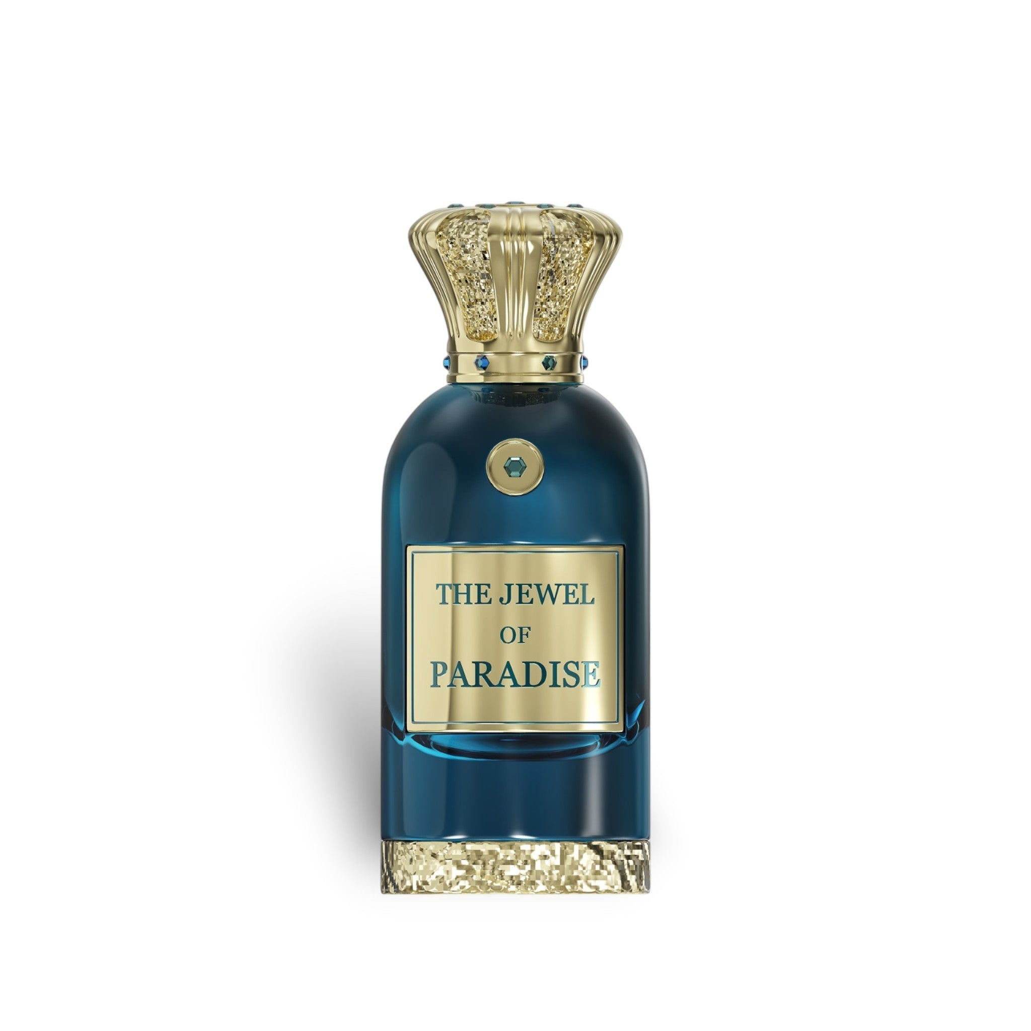 Soghaat Anfar London The Jewel of Paradise 100ml Extrait de Parfum in a blue glass bottle with an ornate gold cap.