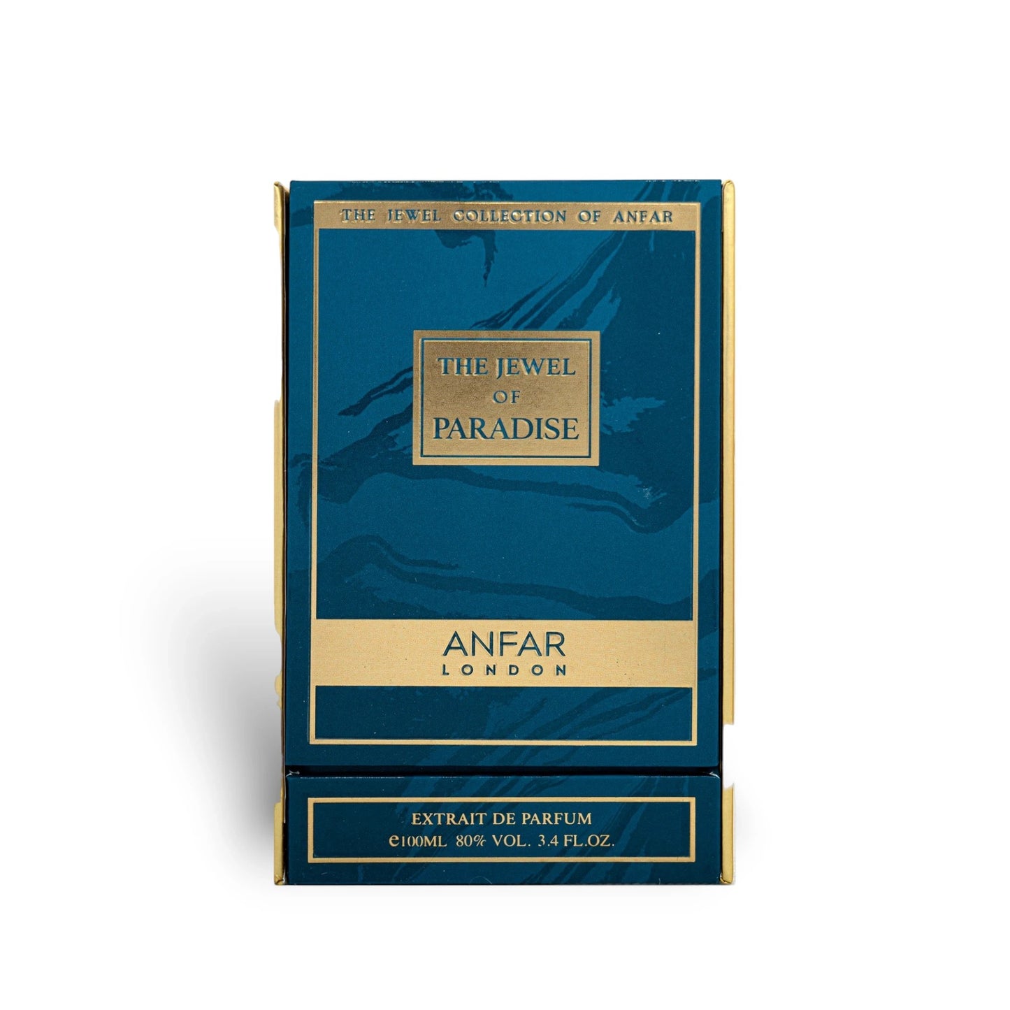 Soghaat Anfar London The Jewel of Paradise 100ml Extrait de Parfum in a blue and gold rectangular presentation box.