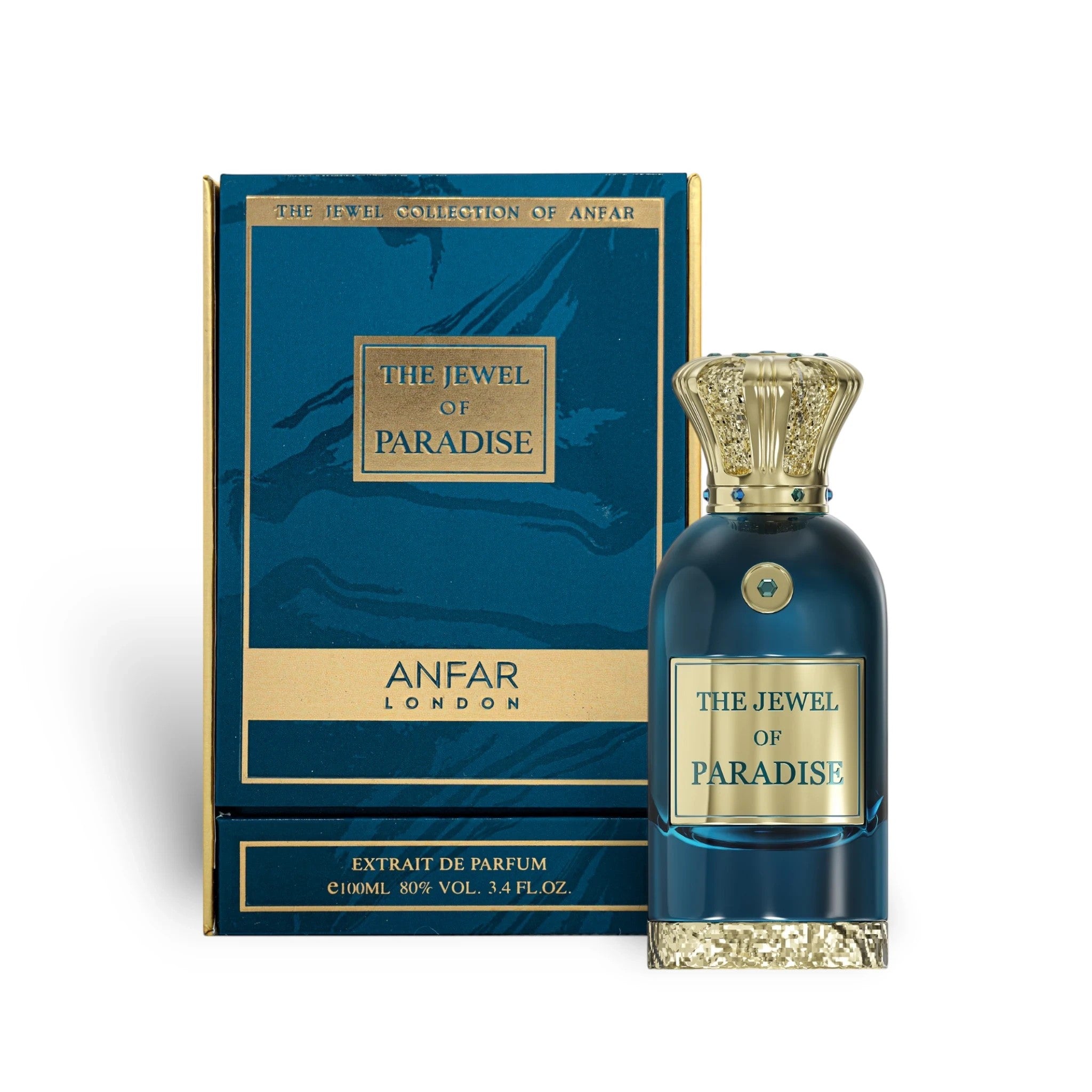 Soghaat Anfar London The Jewel of Paradise 100ml Extrait de Parfum in a blue bottle with gold accents and matching box.