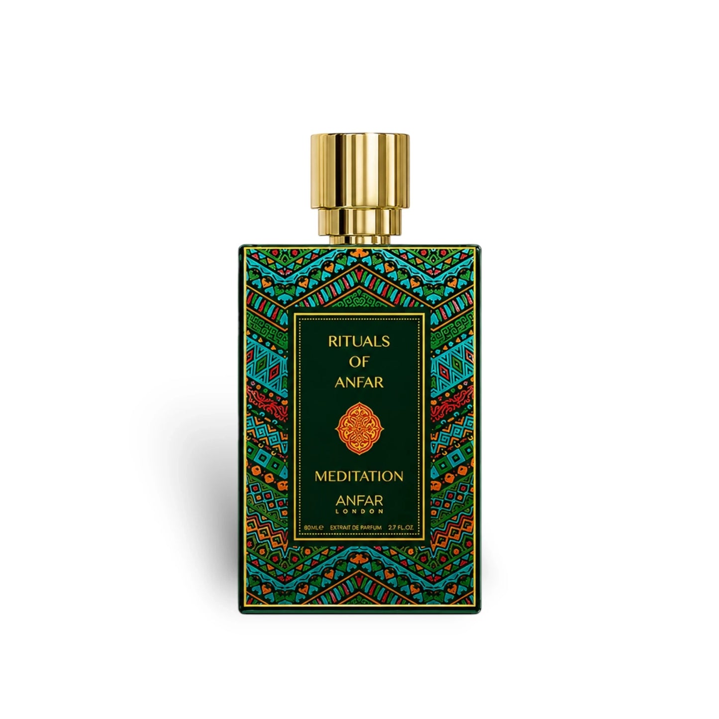 Soghaat Anfar London Meditation 80ml Extrait de Parfum in a rectangular bottle with intricate green and orange patterns.