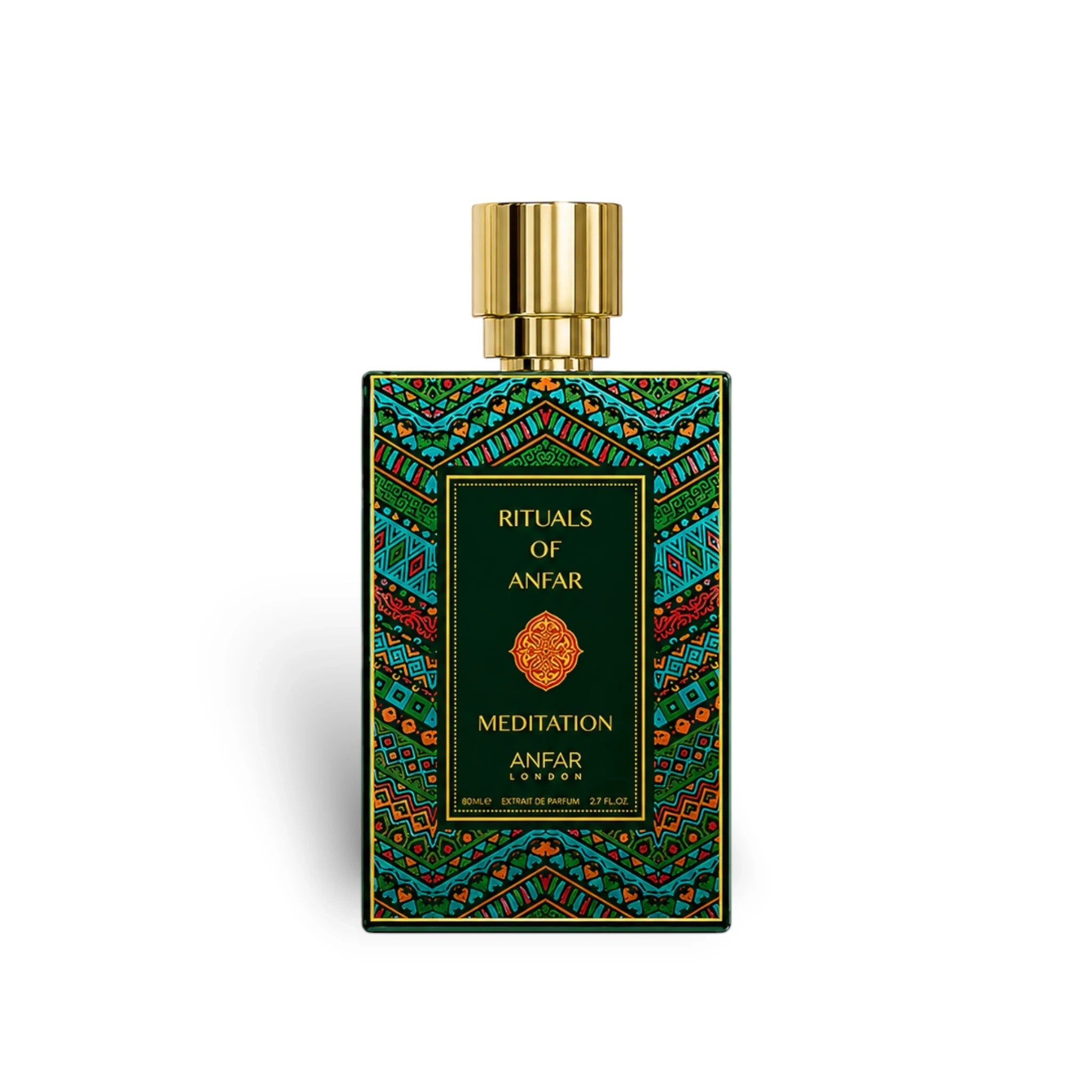 Soghaat Anfar London Meditation 80ml Extrait de Parfum in a rectangular bottle with intricate green and orange patterns.