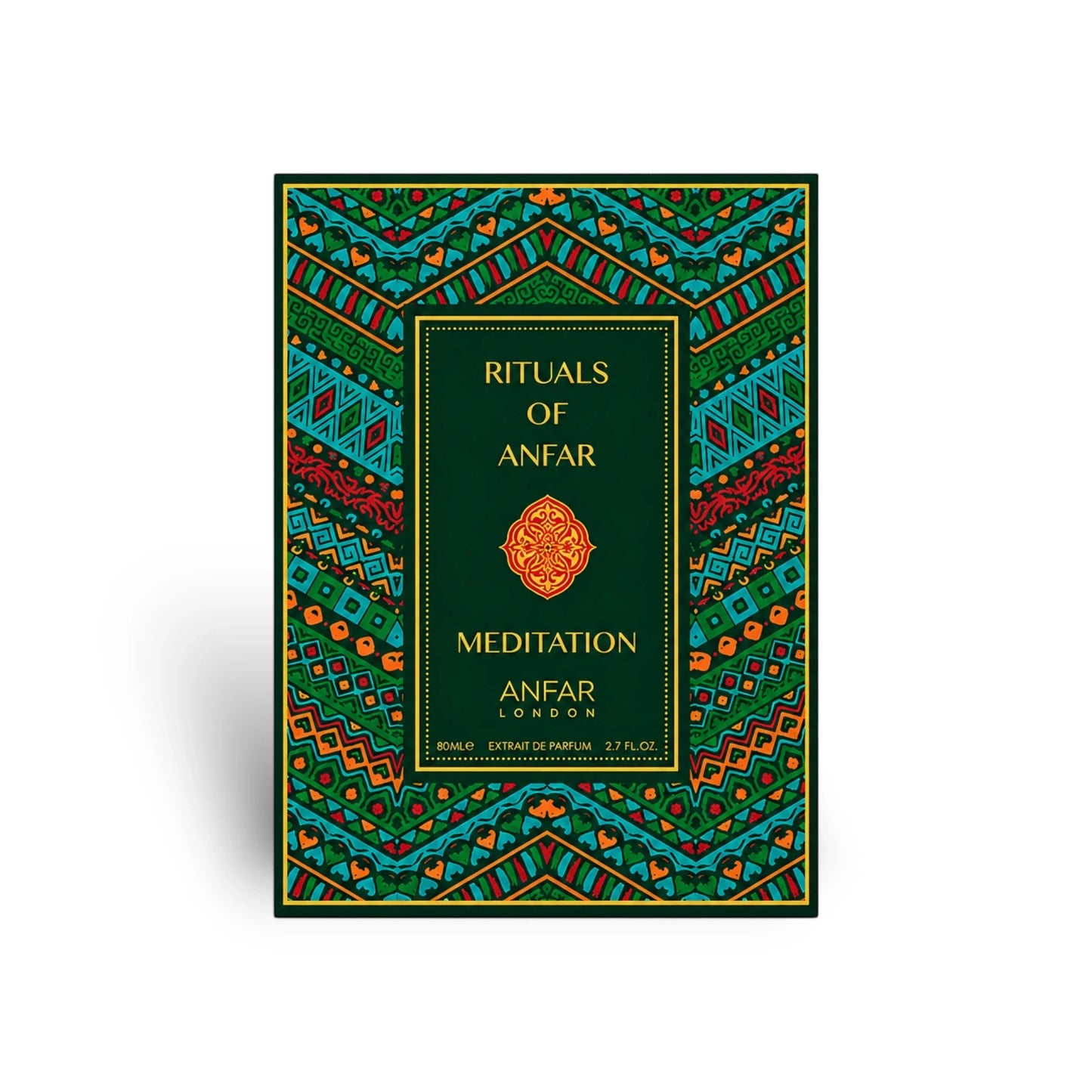 Soghaat Anfar London Meditation Extrait de Parfum box featuring intricate green, orange, and blue geometric patterns.
