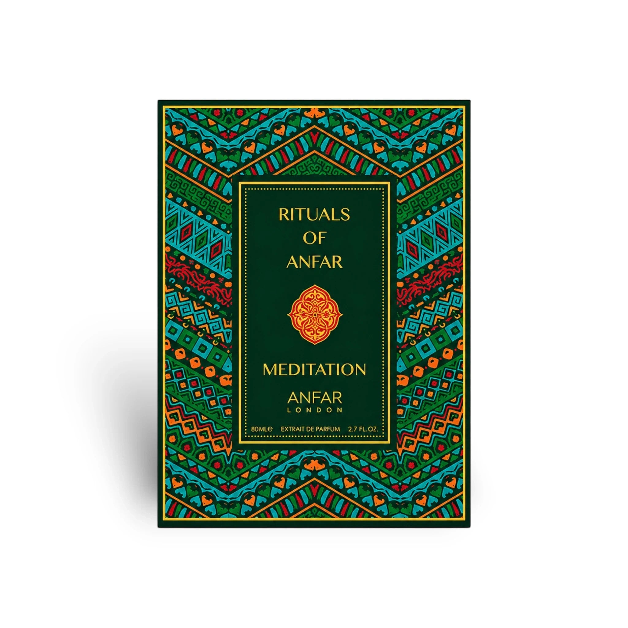 Soghaat Anfar London Meditation Extrait de Parfum box featuring intricate green, orange, and blue geometric patterns.