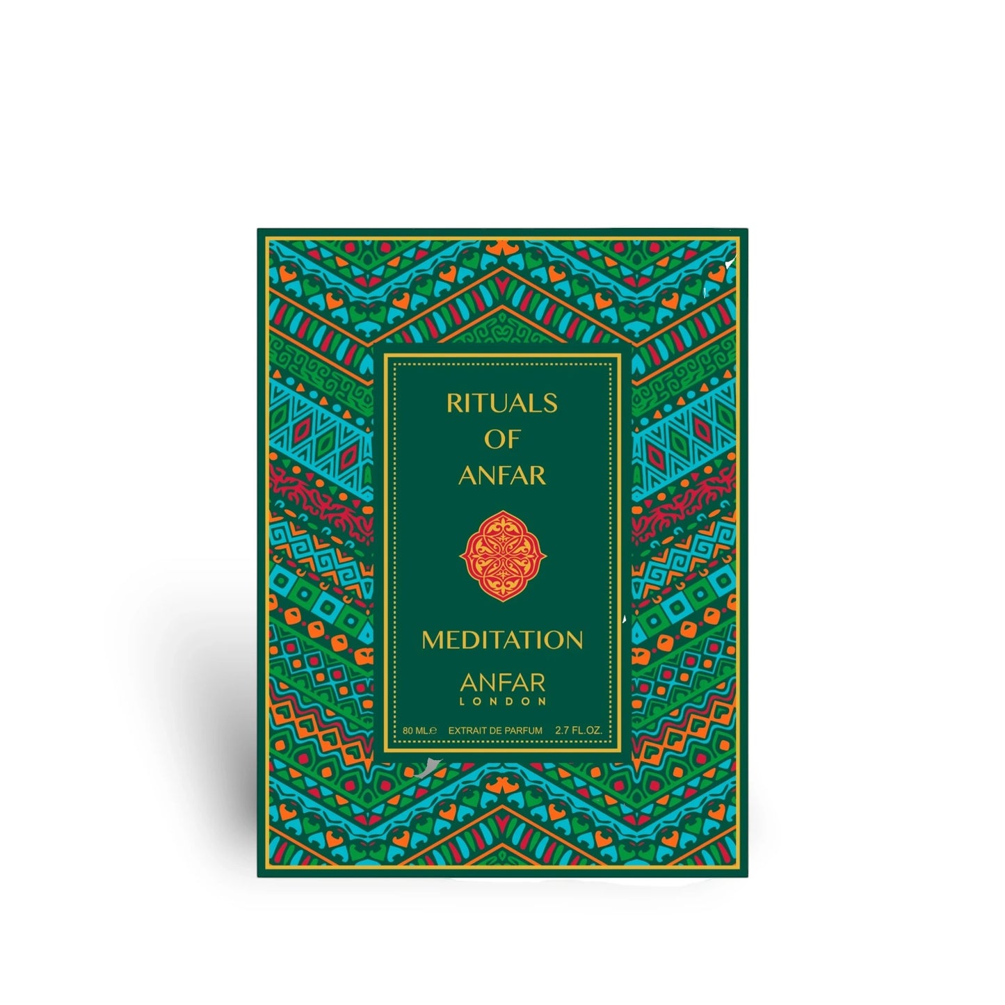 Soghaat Anfar London Meditation Extrait de Parfum box featuring intricate green, orange, and blue geometric patterns.