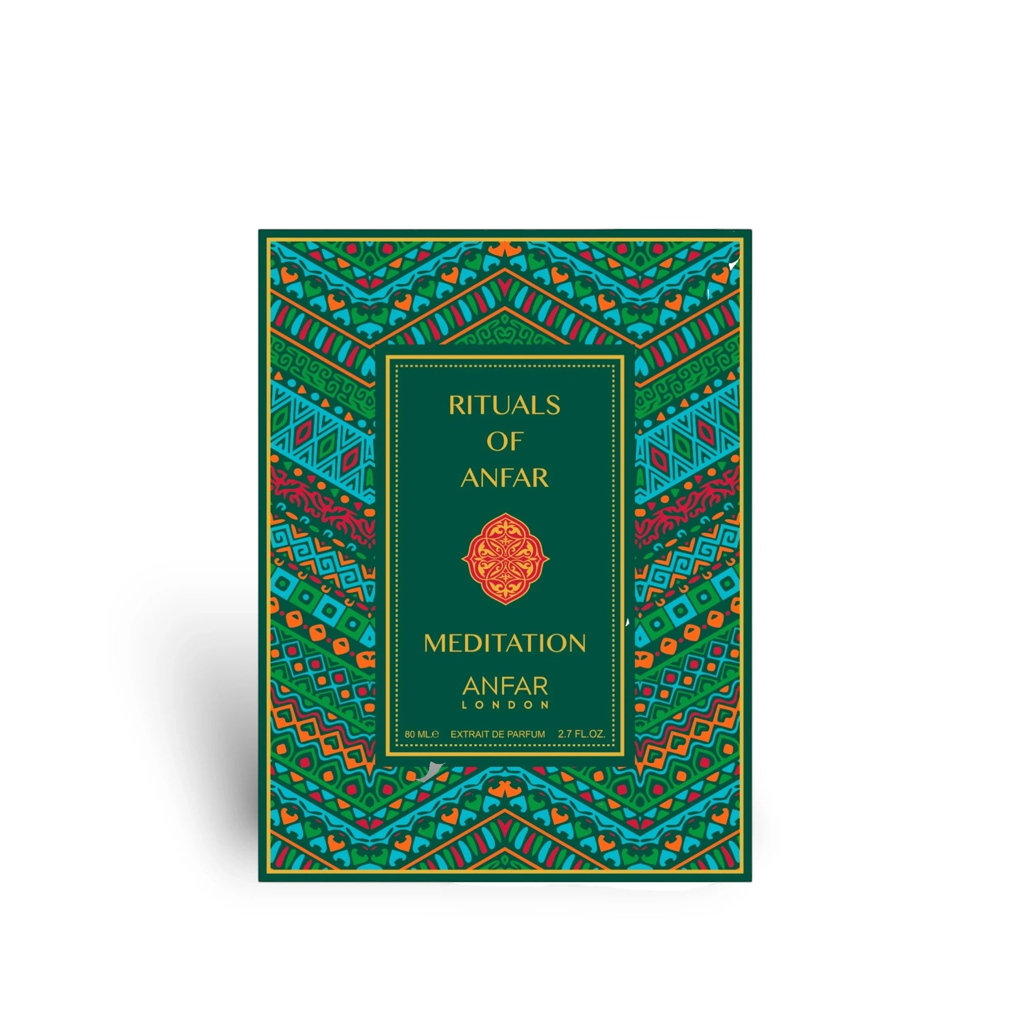 Soghaat Anfar London Meditation Extrait de Parfum box featuring intricate green, orange, and blue geometric patterns.