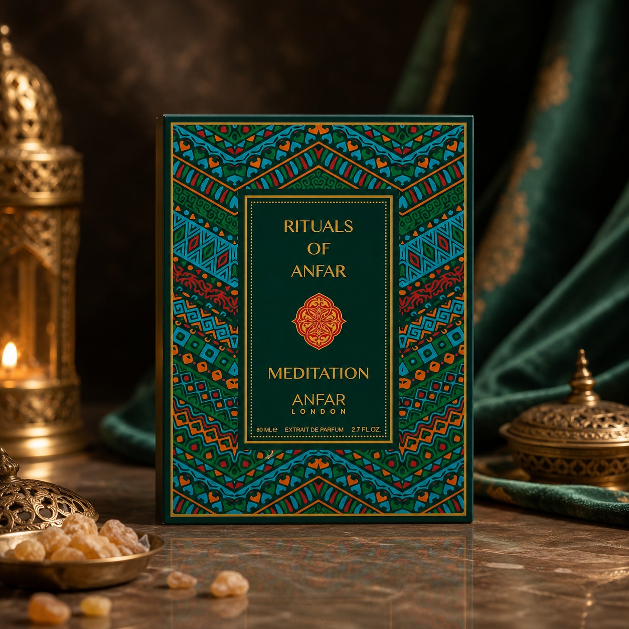 Soghaat Anfar London Meditation Extrait de Parfum box with intricate geometric patterns in green, orange, and blue.