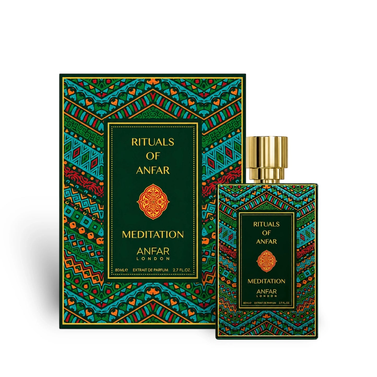 Soghaat Anfar London Meditation 80ml Extrait de Parfum bottle and decorative green patterned box with gold accents.
