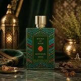 Soghaat Anfar London Meditation 80ml Extrait de Parfum in a decorative green bottle with intricate patterns and gold cap.