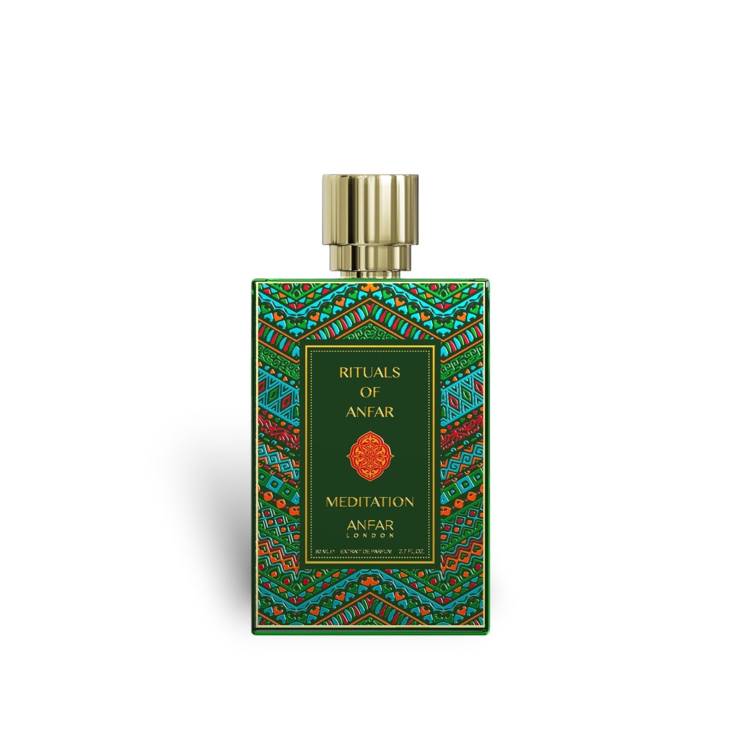 Soghaat Anfar London Meditation 80ml Extrait de Parfum in a rectangular green bottle with intricate colorful patterns.