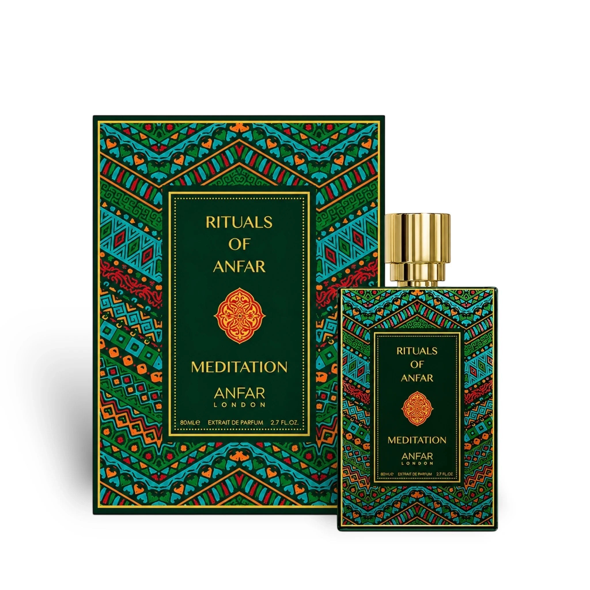 Soghaat Anfar London Meditation 80ml Extrait de Parfum bottle and decorative green patterned box with gold accents.