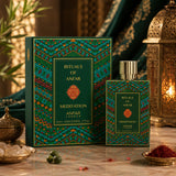 Soghaat Anfar London Meditation Extrait de Parfum bottle and box with intricate green, orange, and gold patterns.