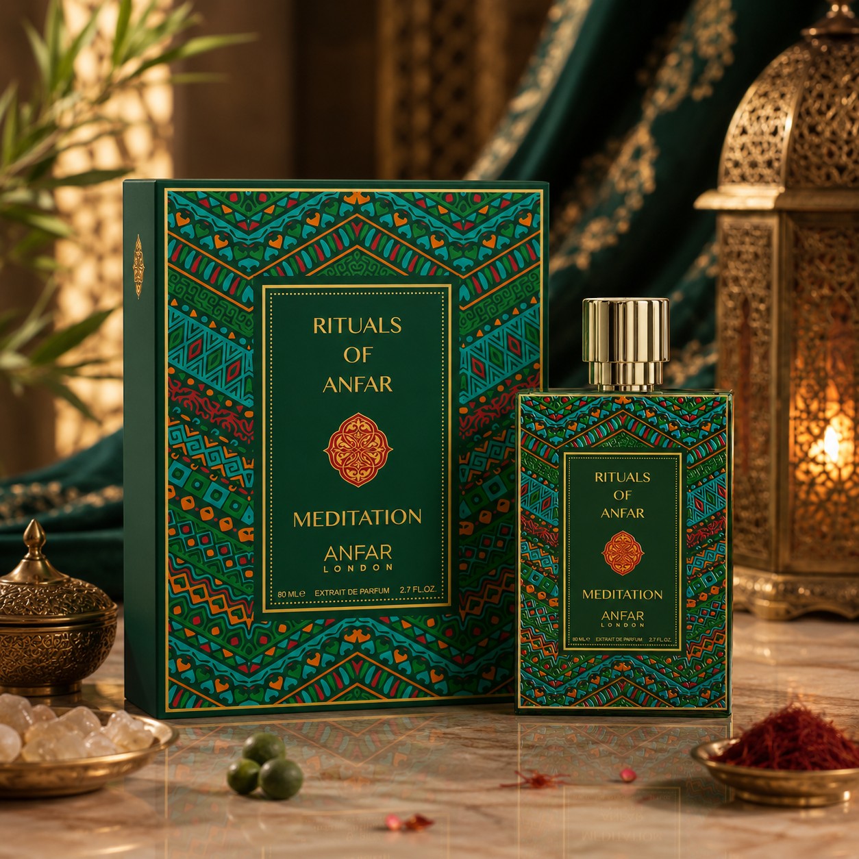 Soghaat Anfar London Meditation Extrait de Parfum bottle and box with intricate green, orange, and gold patterns.