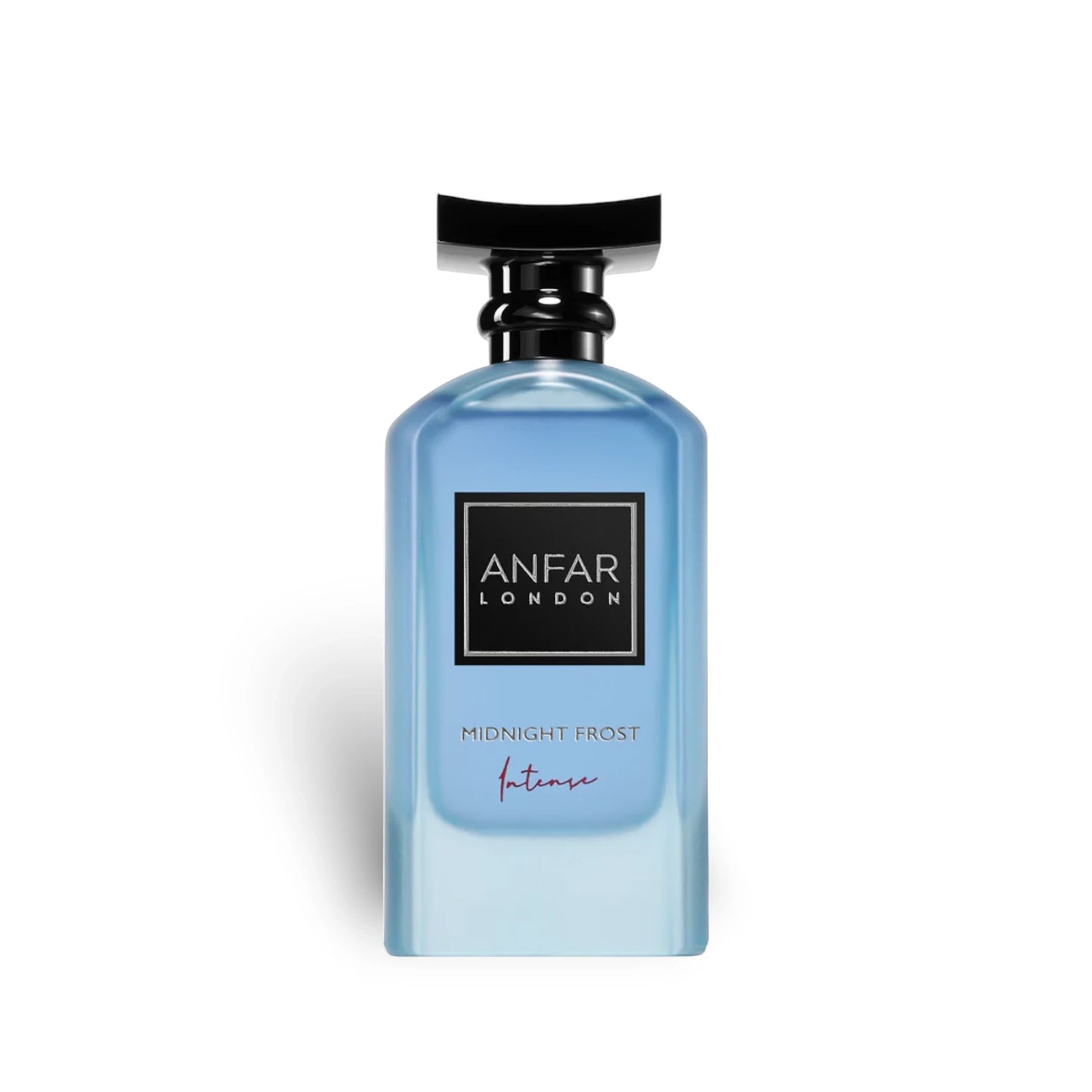 Soghaat Anfar London Midnight Frost Intense 100ml Extrait de Parfum in a sleek blue glass bottle with a black cap.
