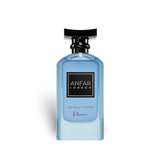 Soghaat Anfar London Midnight Frost Intense 100ml Extrait de Parfum in a sleek blue glass bottle with a black cap.