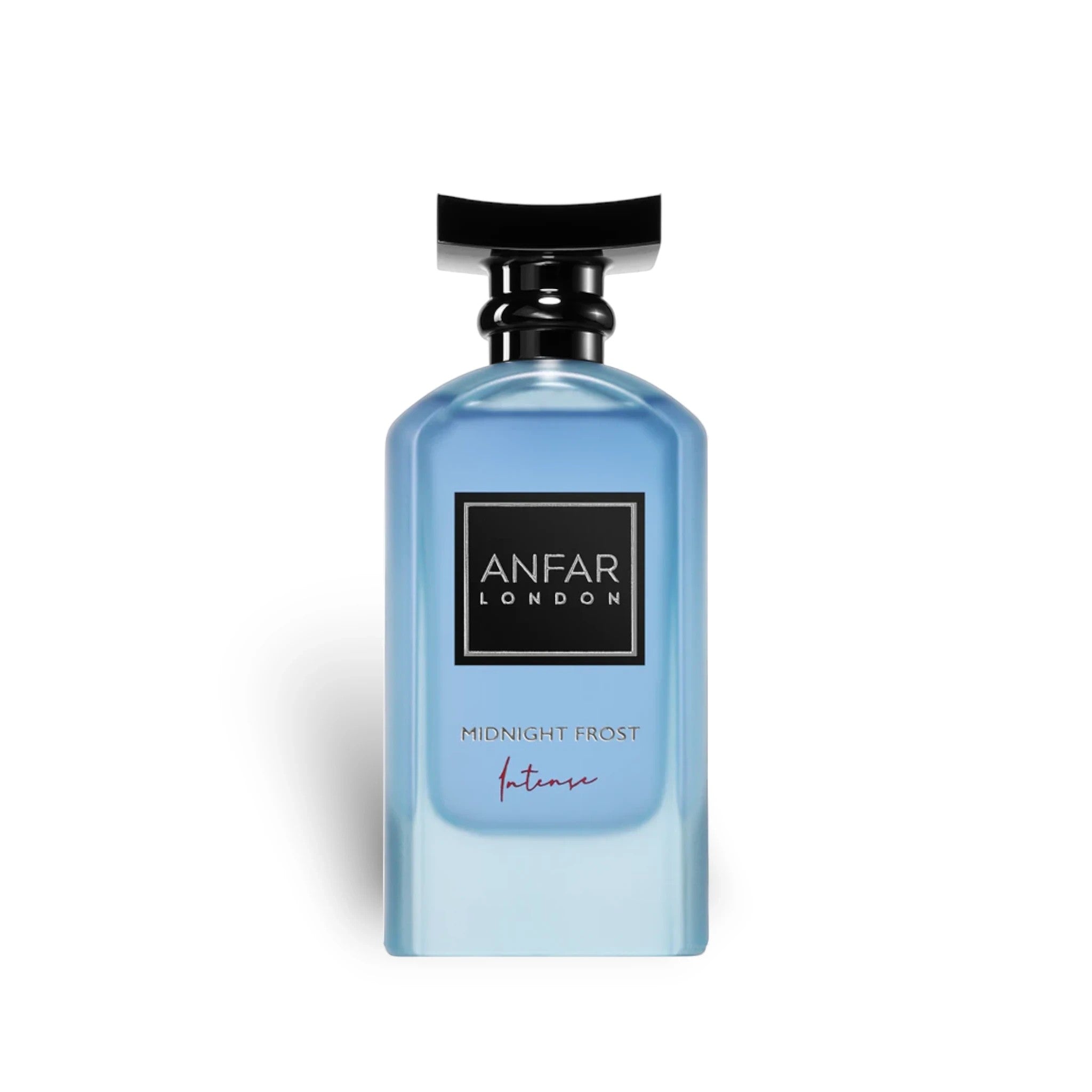 Soghaat Anfar London Midnight Frost Intense 100ml Extrait de Parfum in a sleek blue glass bottle with a black cap.