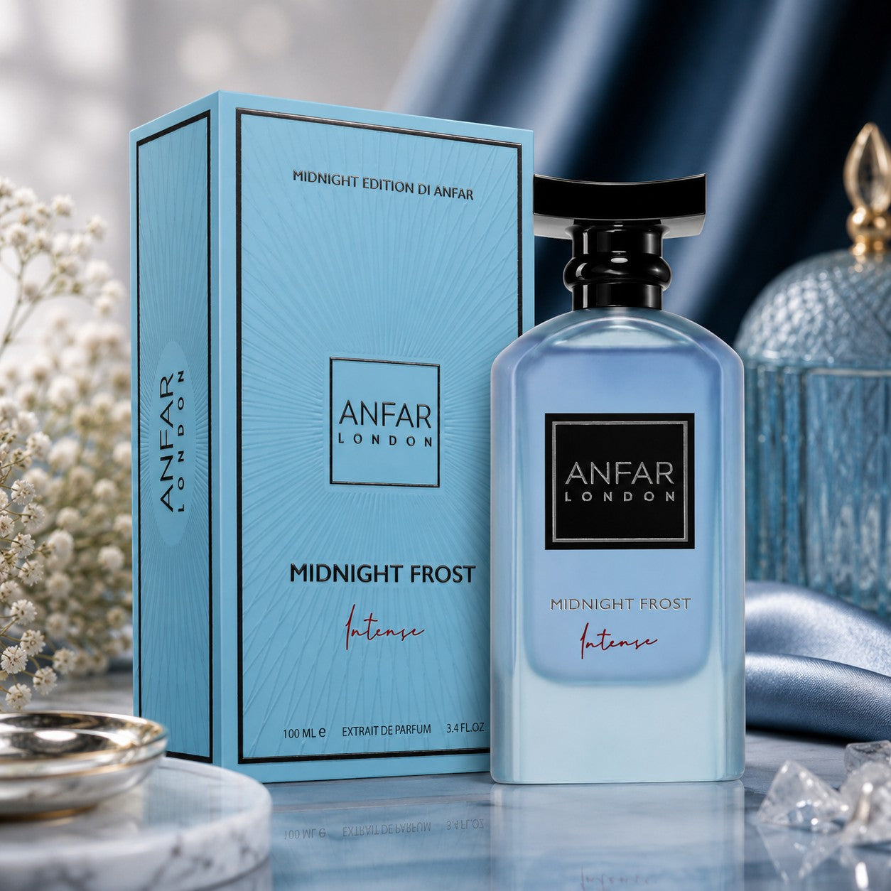 Soghaat Anfar London Midnight Frost Intense 100ml perfume bottle and light blue box on a marble surface.