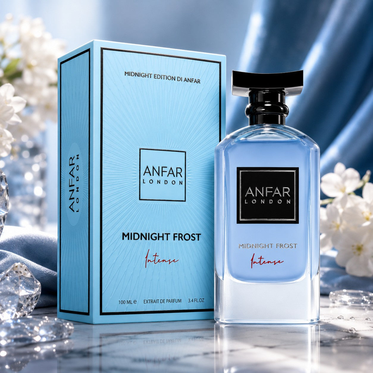 Soghaat Anfar London Midnight Frost Intense 100ml Extrait de Parfum bottle and blue box on a marble surface.