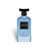 Soghaat Anfar London Midnight Frost Intense 100ml Extrait de Parfum in a sleek blue glass bottle with a black cap.