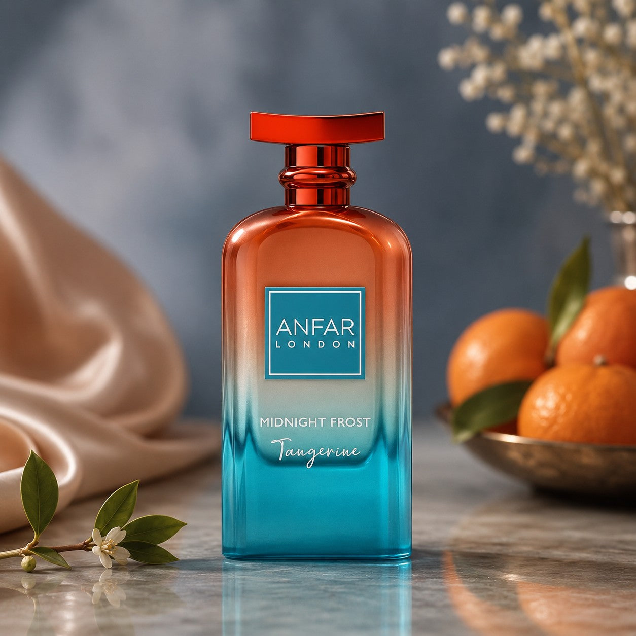 Soghaat Anfar London Midnight Frost Tangerine unisex Extrait de Parfum in a gradient orange and blue glass bottle.