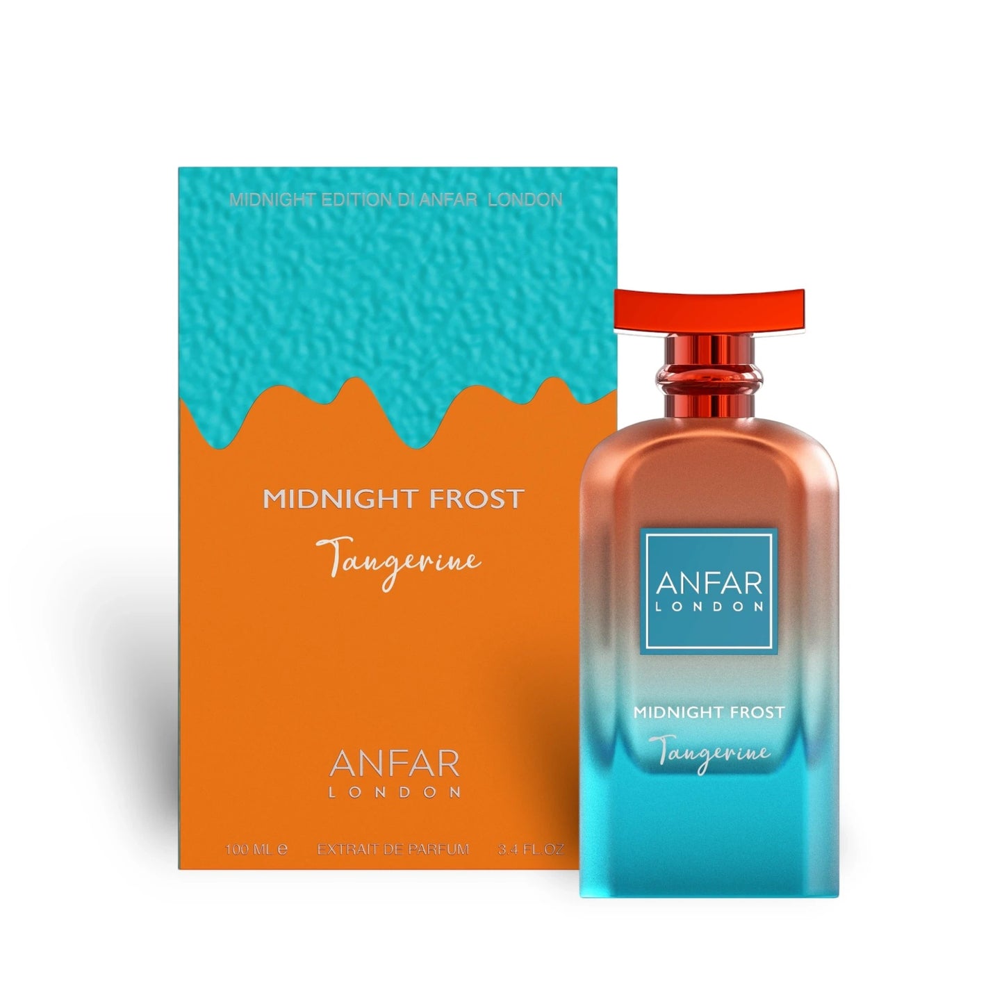 Soghaat Anfar London Midnight Frost Tangerine Extrait de Parfum bottle and box with orange and blue gradient design.