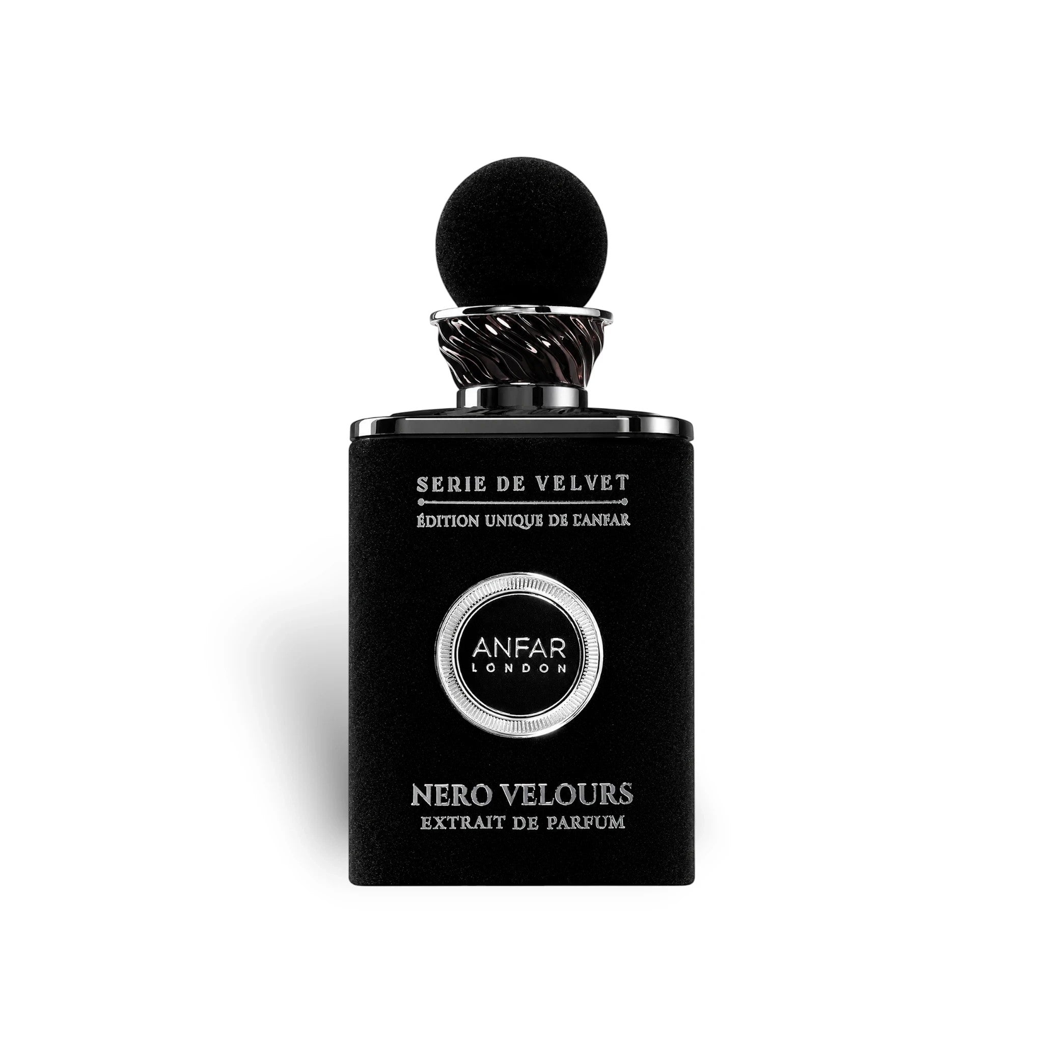 Soghaat Anfar London Nero Velours 100ml Extrait de Parfum in a sleek black velvet-textured bottle with a round cap.