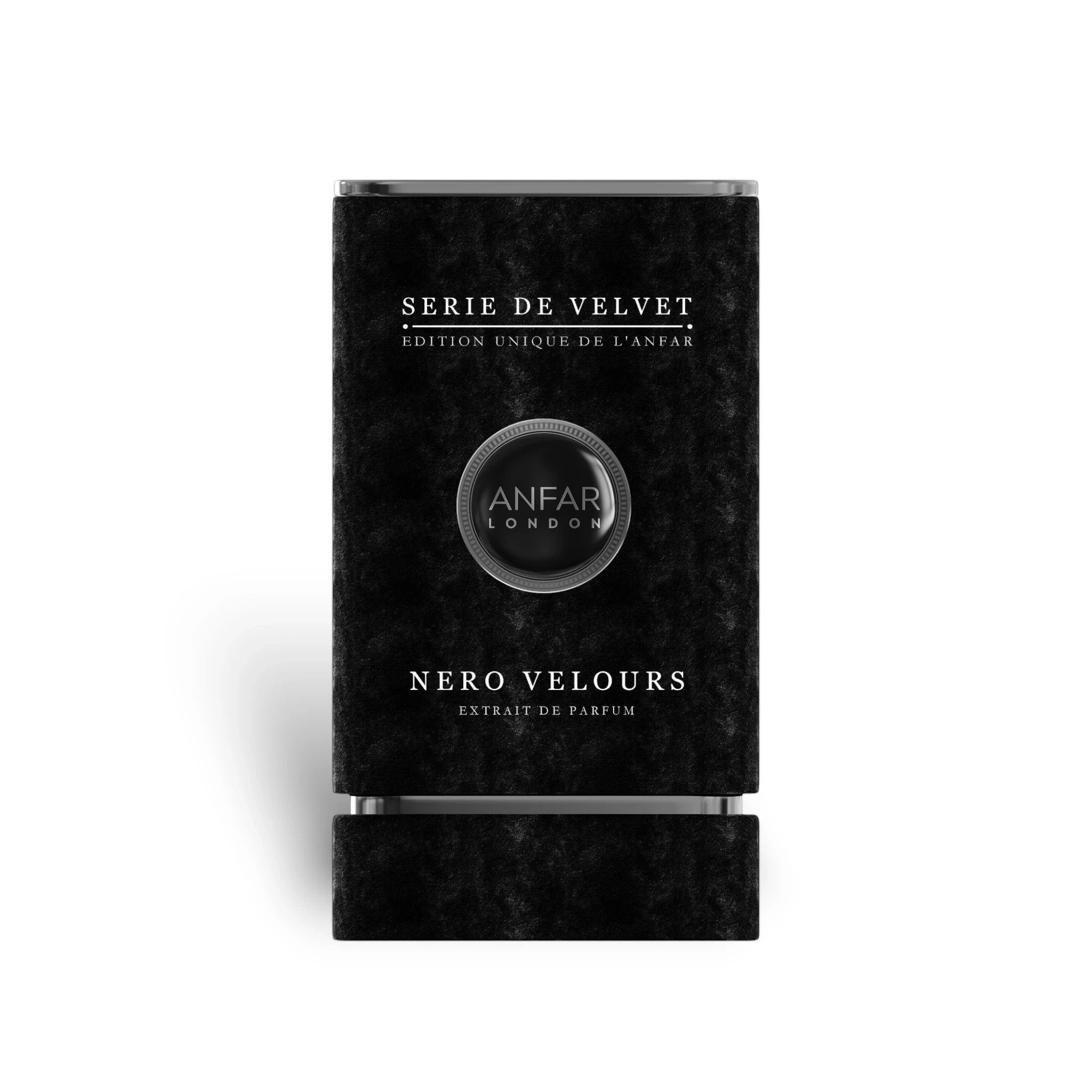 Soghaat Anfar London Nero Velours Extrait de Parfum in a sleek black velvet-textured bottle for men.
