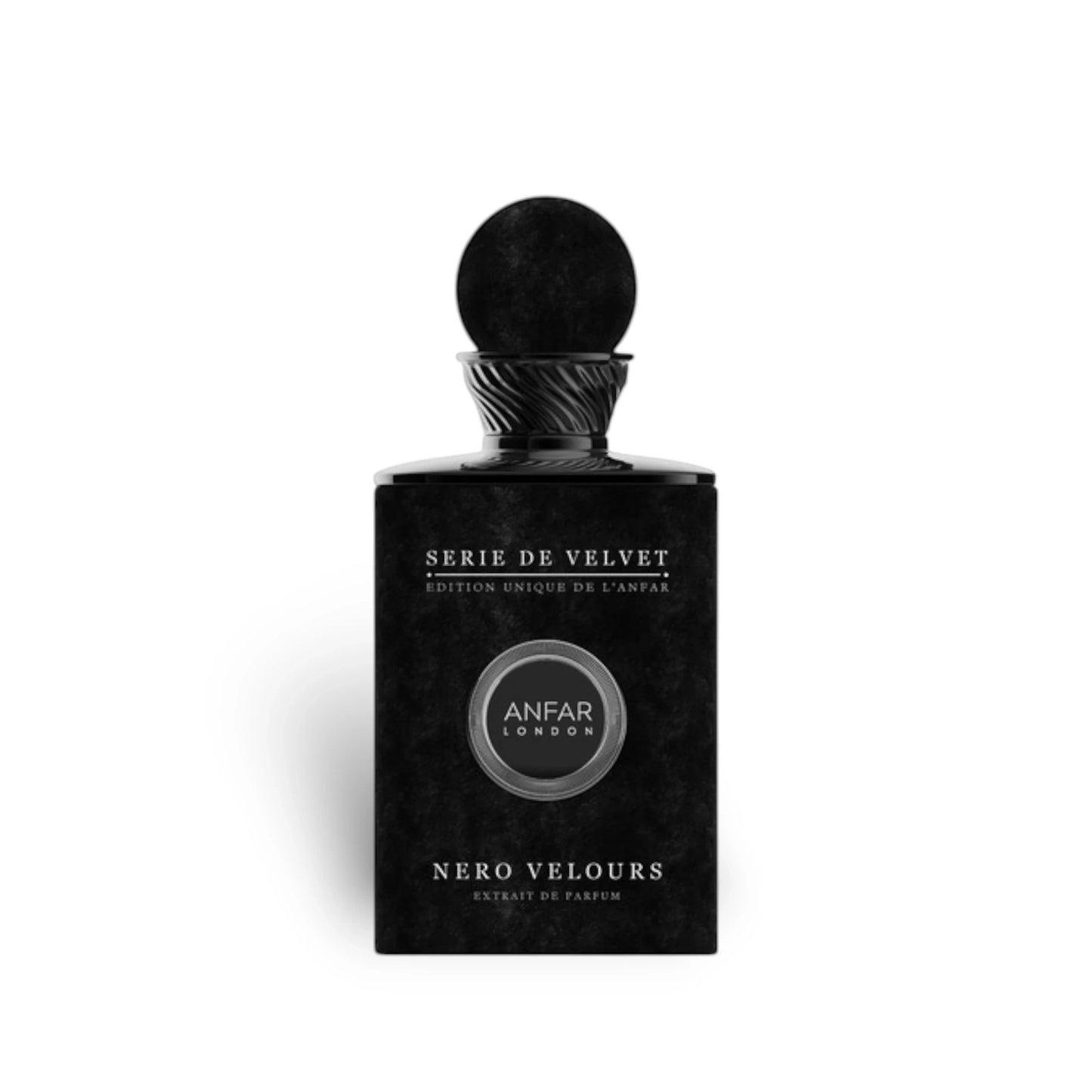 Soghaat Anfar London Nero Velours Extrait de Parfum in a sleek black bottle with a round cap and velvet-textured label.