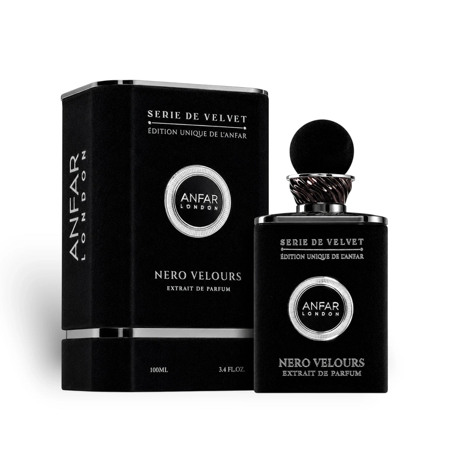 Soghaat Anfar London Nero Velours 100ml Extrait de Parfum bottle and black velvet-textured presentation box.