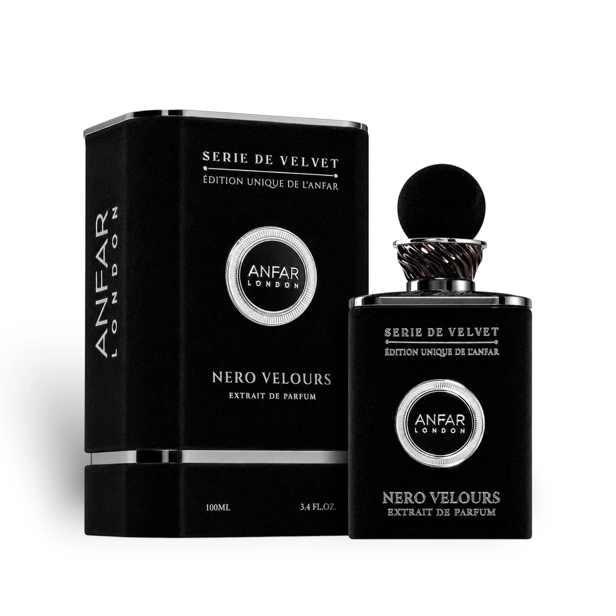 Soghaat Anfar London Nero Velours 100ml Extrait de Parfum bottle and black velvet-textured presentation box.