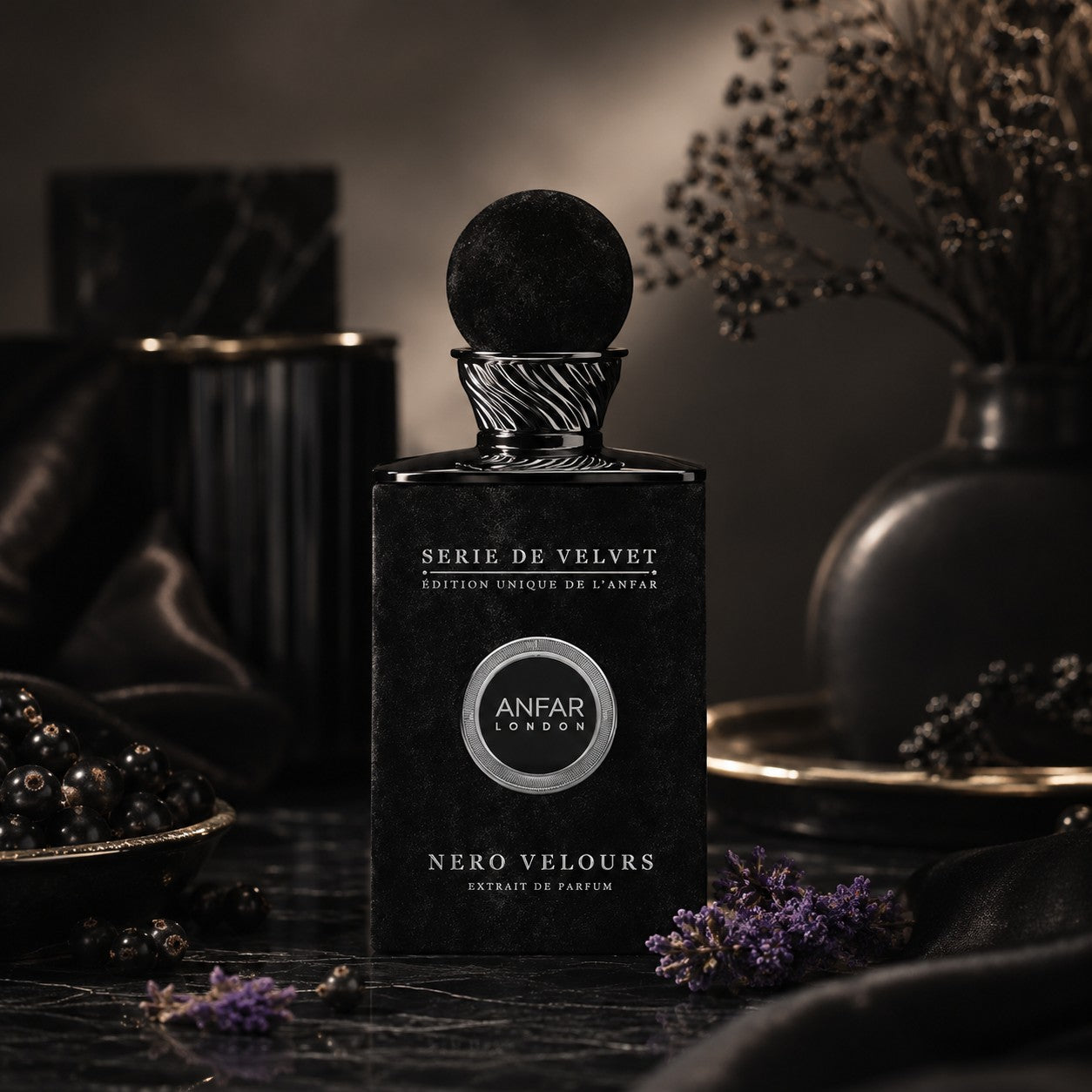 Soghaat Anfar London Nero Velours Extrait de Parfum in a sleek black bottle with a velvet-textured cap.