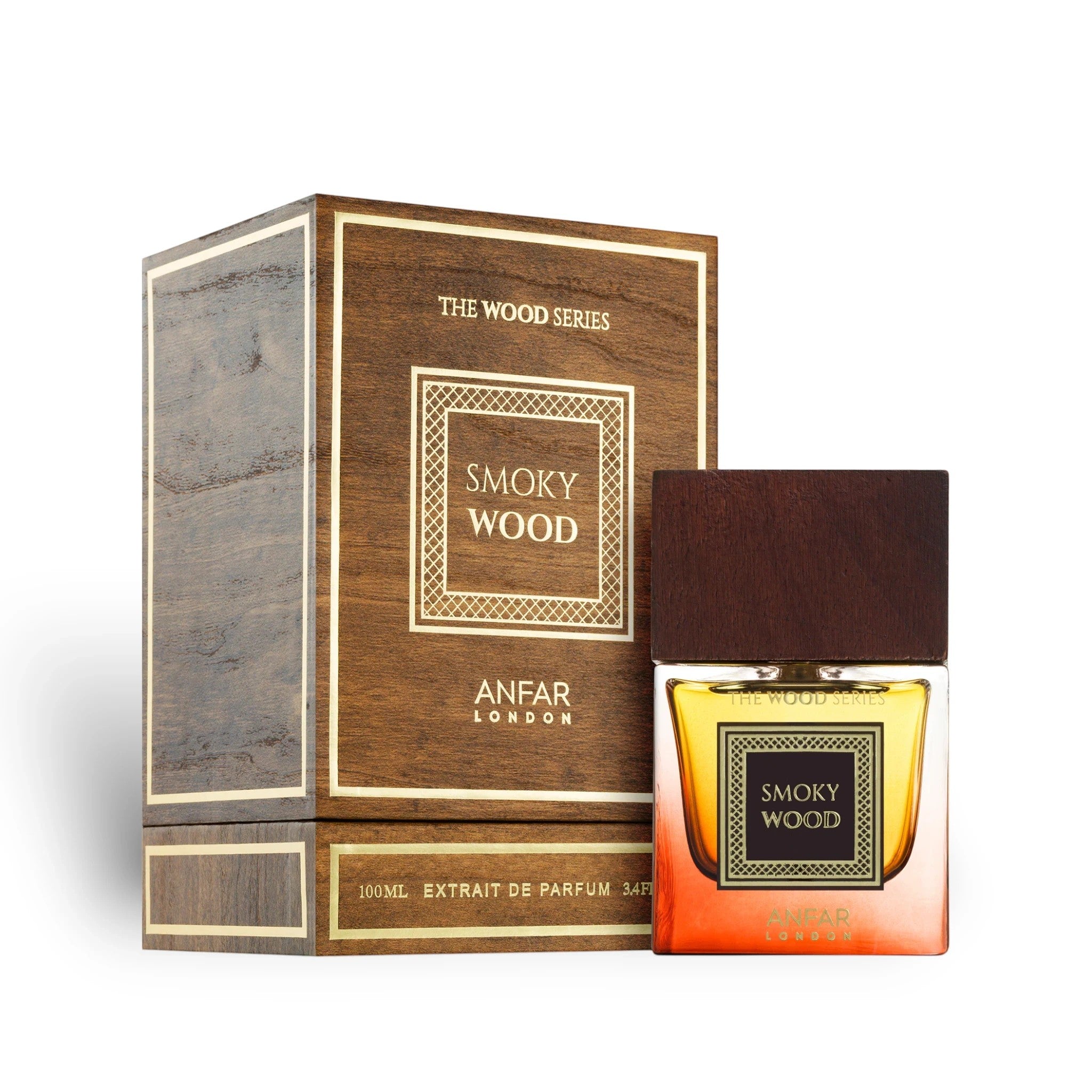 Soghaat Anfar London Smoky Wood Extrait de Parfum bottle and wooden presentation box with gold accents.