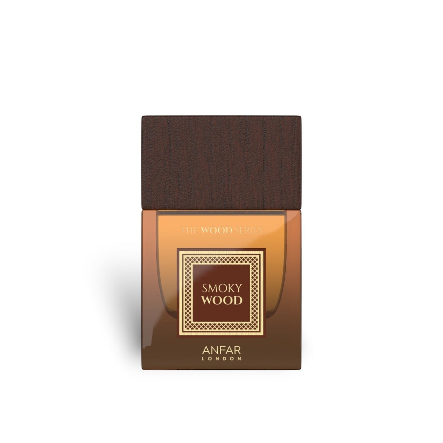 Soghaat Anfar London Smoky Wood Extrait de Parfum in a rectangular glass bottle with a dark wood-textured cap.