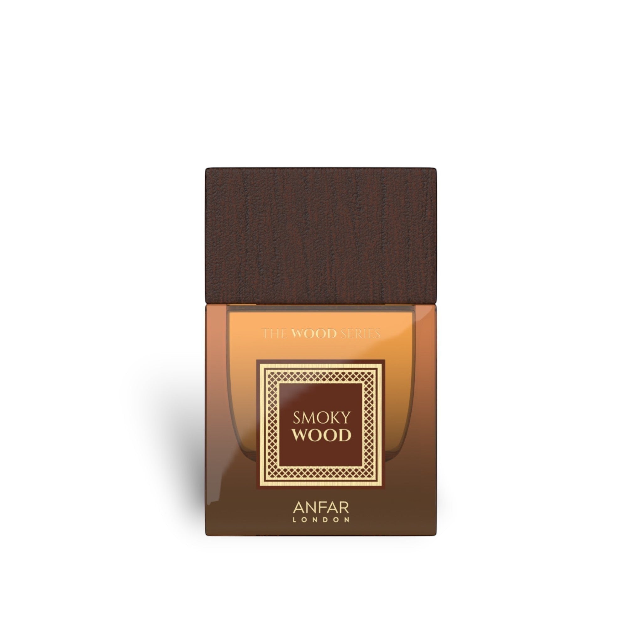 Soghaat Anfar London Smoky Wood Extrait de Parfum in a rectangular glass bottle with a dark wood-textured cap.