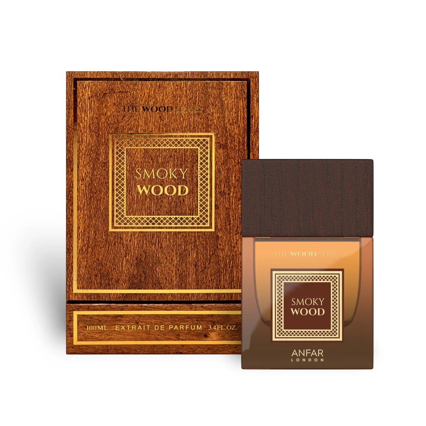 Soghaat Anfar London Smoky Wood Extrait de Parfum 100ml bottle and wooden-textured box with gold accents.