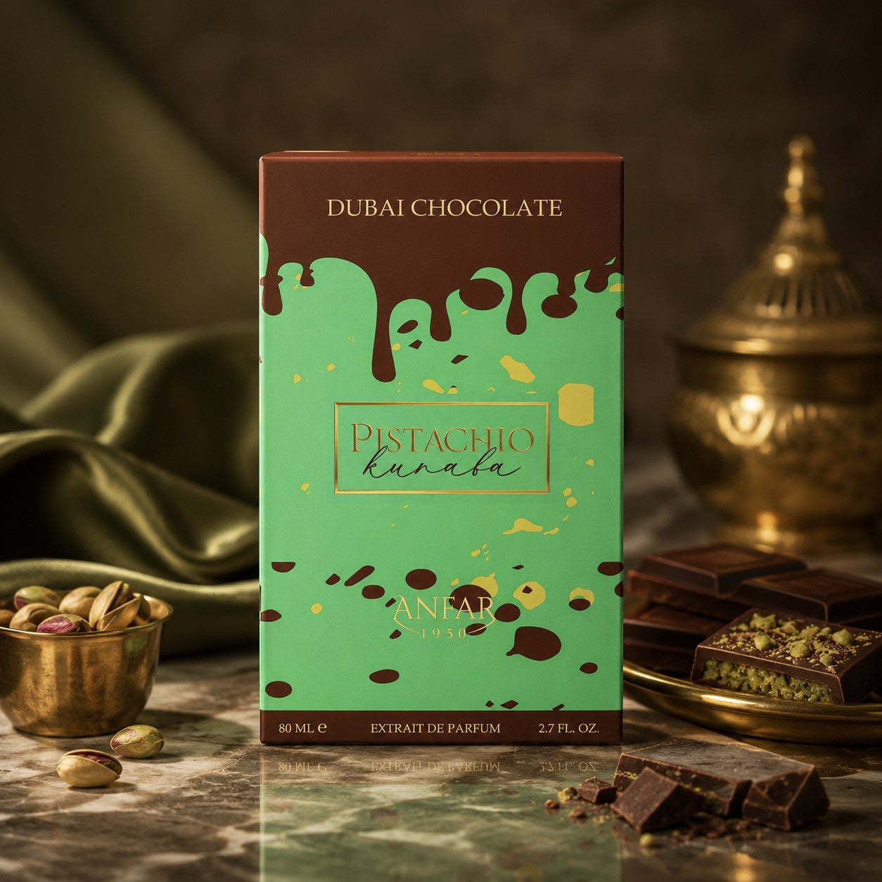Soghaat Anfar Pistachio Kunafa Extrait de Parfum box with chocolate and pistachio accents on a marble surface.