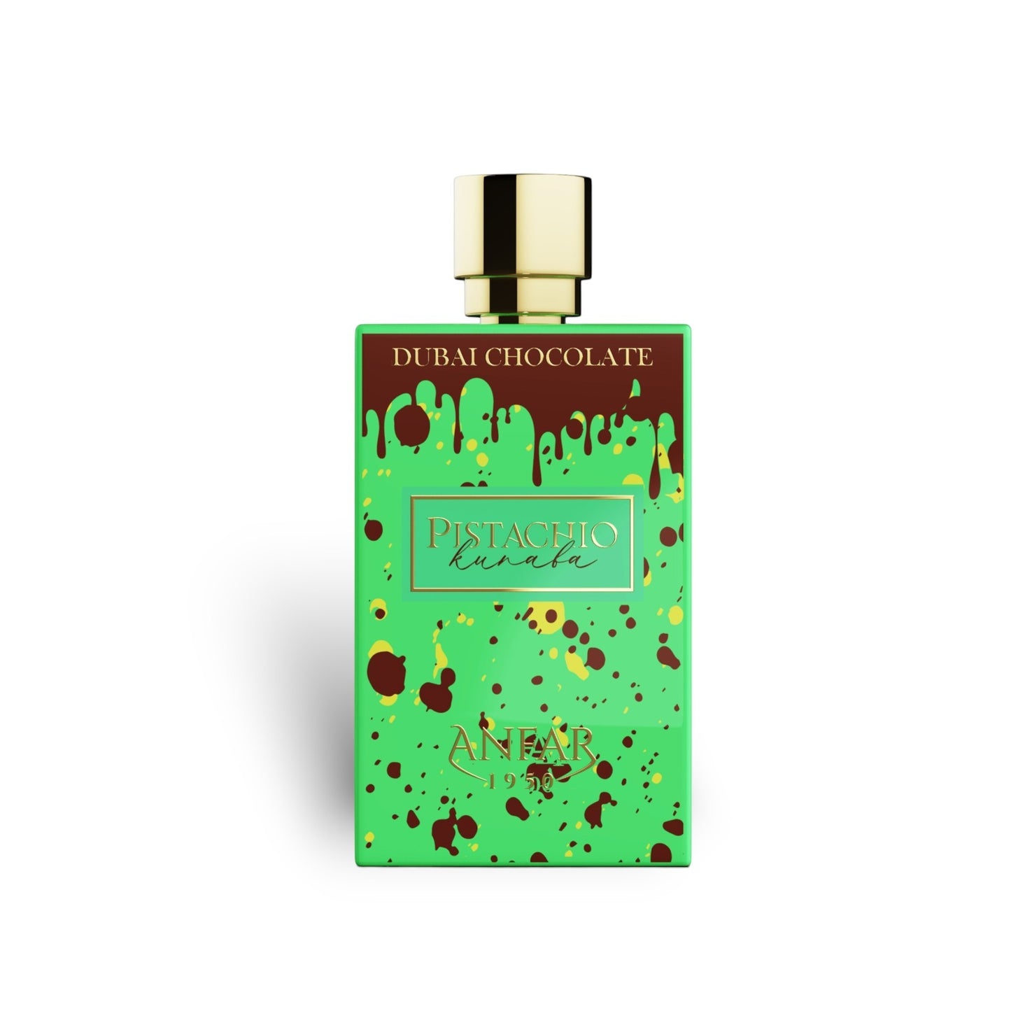 Soghaat Anfar Pistachio Kunafa Extrait de Parfum bottle with green pistachio-themed design and gold cap.