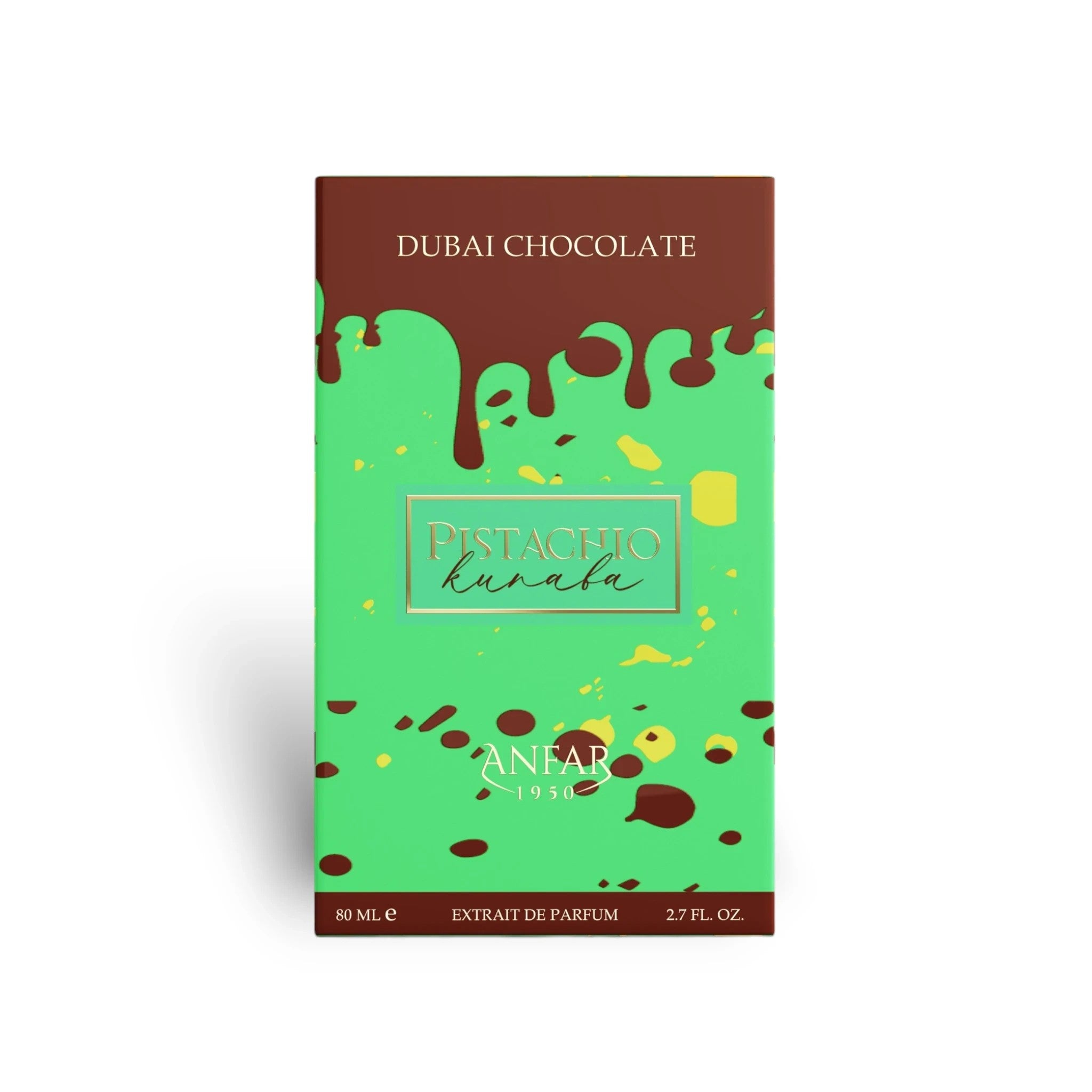 Soghaat Anfar Pistachio Kunafa 80ml Extrait de Parfum box with vibrant green and chocolate drip design