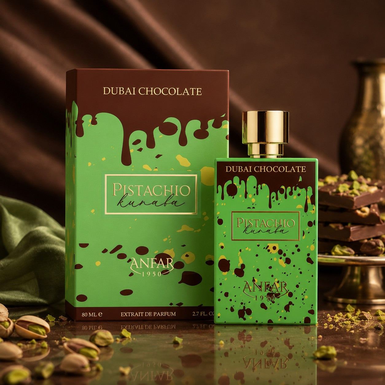 Soghaat Anfar Pistachio Kunafa Extrait de Parfum bottle and box with green and chocolate drip design and pistachios.