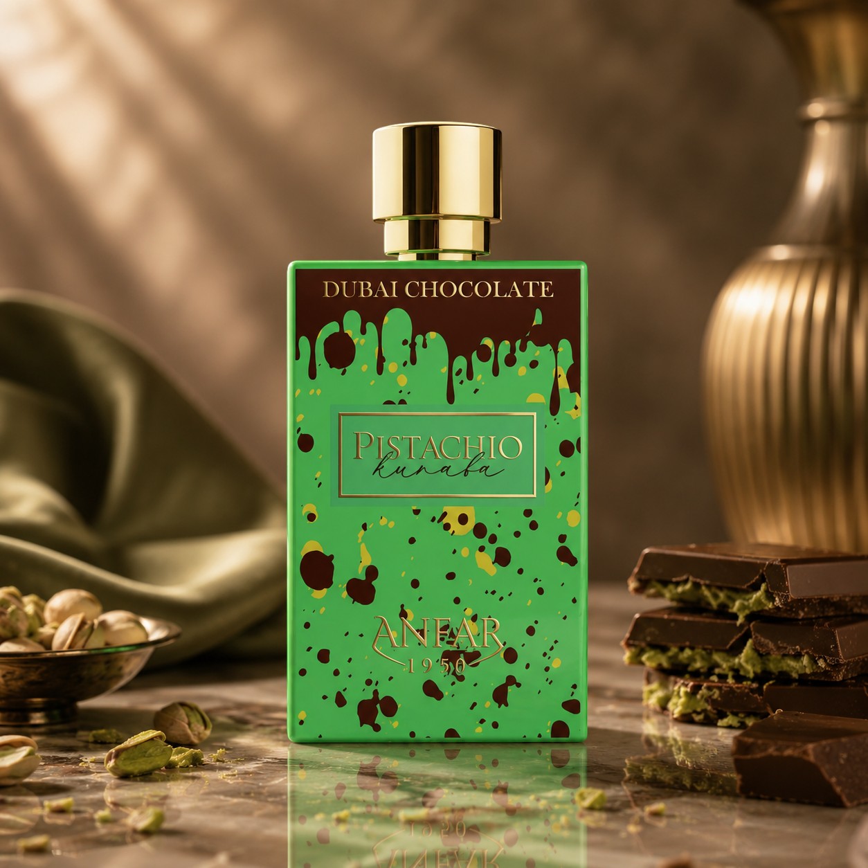 Soghaat Anfar Pistachio Kunafa Extrait de Parfum in a bright green bottle with chocolate drip design and gold cap.