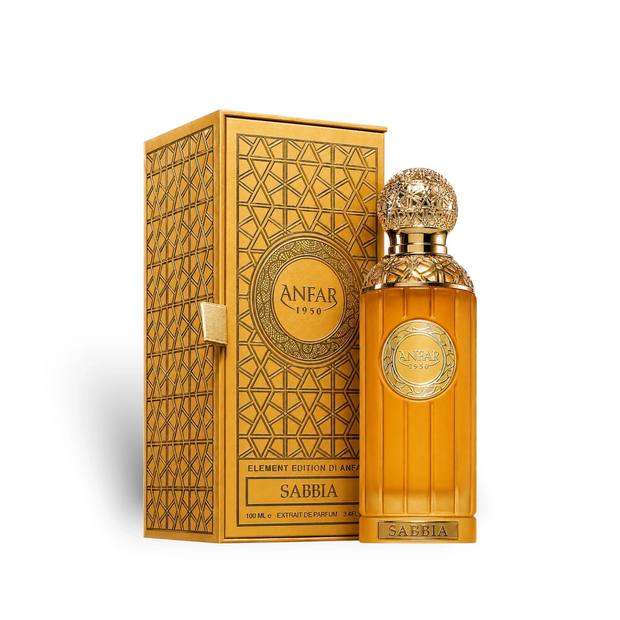 Soghaat Anfar Sabbia 100ml Extrait de Parfum in a gold bottle and matching patterned presentation box