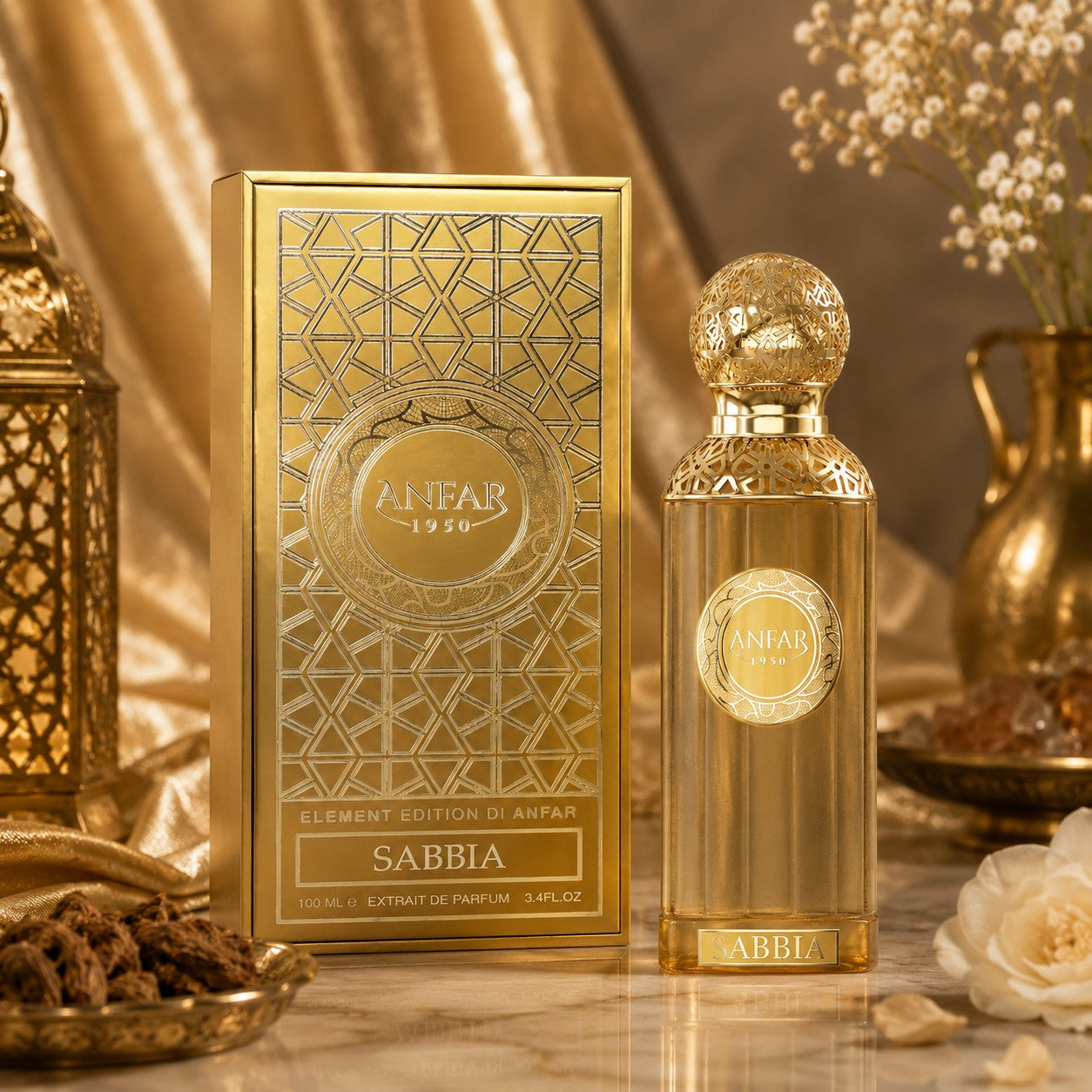 Soghaat Anfar Sabbia 100ml Extrait de Parfum bottle and gold box with intricate geometric patterns on a marble surface