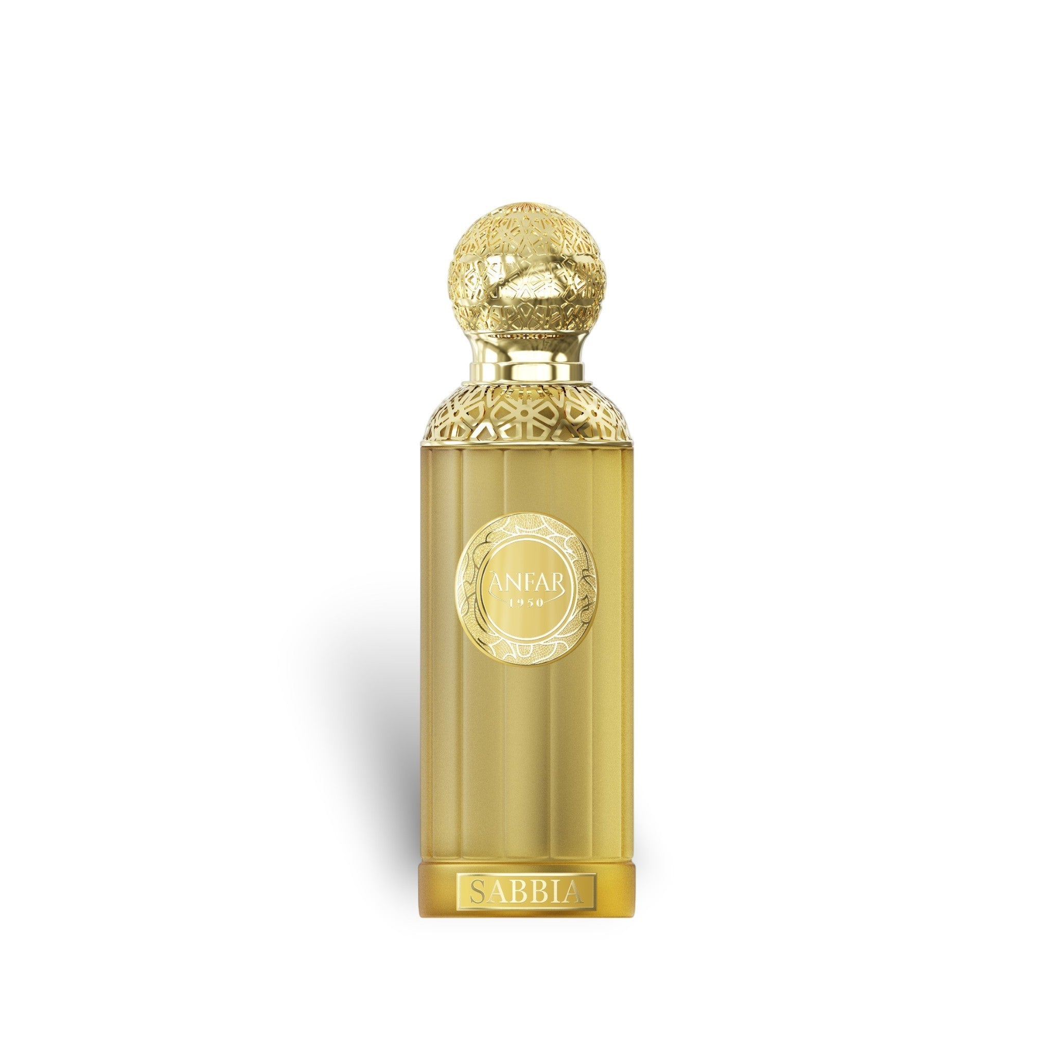 Soghaat Anfar Sabbia 100ml Extrait de Parfum in a gold bottle with intricate cap and label, a unisex Arabian fragrance.