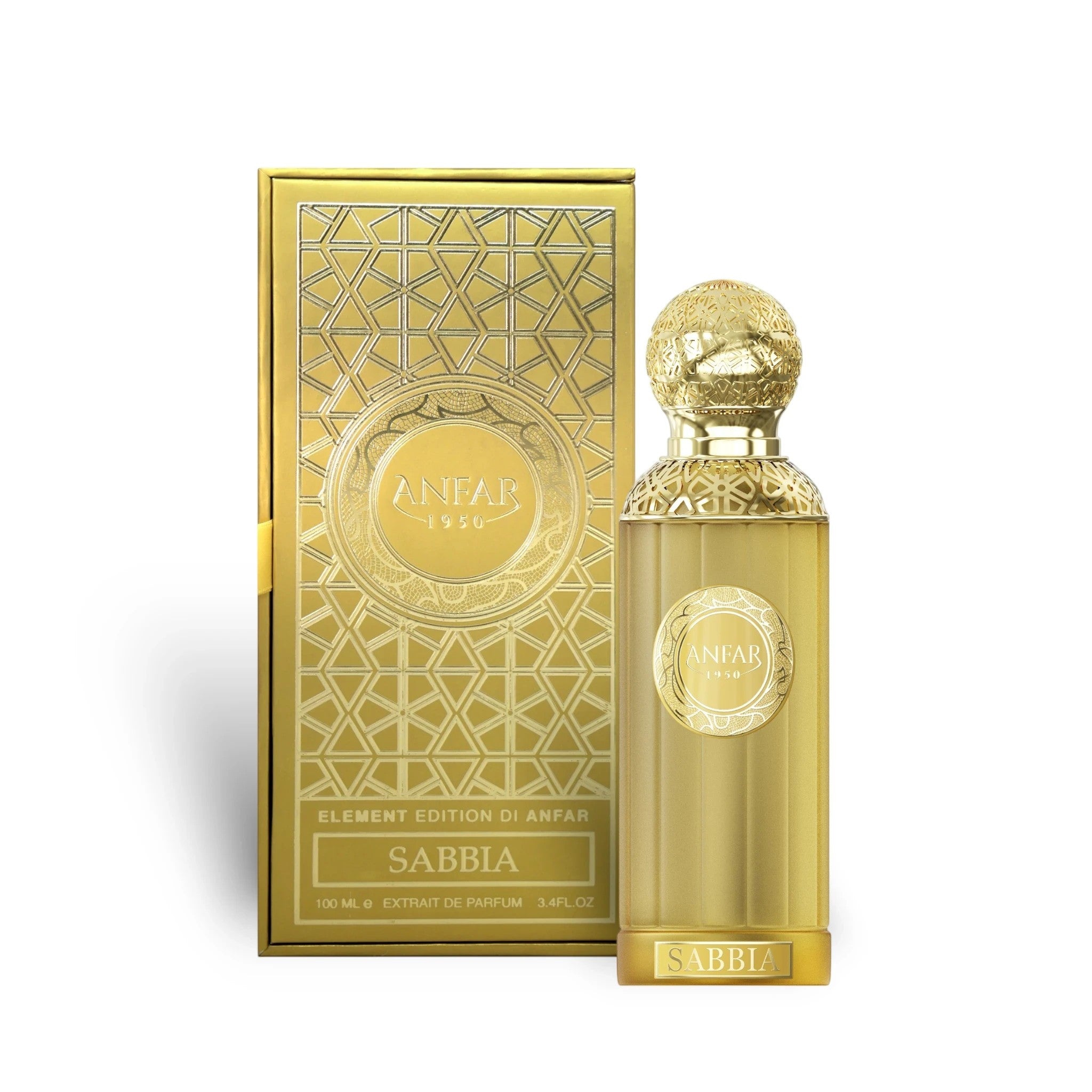 Soghaat Anfar Sabbia 100ml Extrait de Parfum bottle and gold box featuring intricate geometric patterns