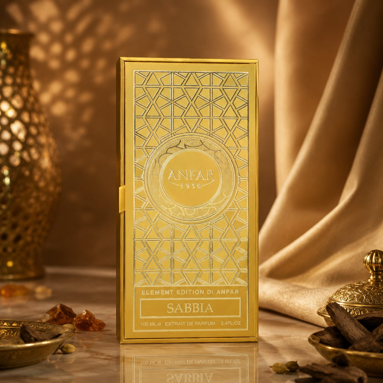 Soghaat Anfar Sabbia 100ml Extrait de Parfum in a luxurious gold box with intricate geometric patterns.