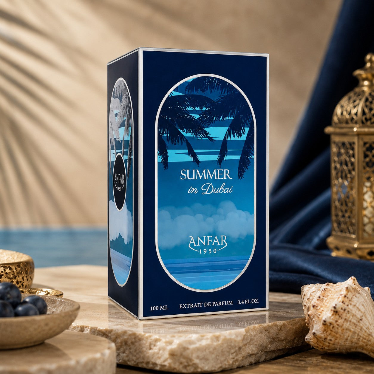 Soghaat Anfar Summer in Dubai 100ml Extrait de Parfum box featuring tropical palm tree art on a stone surface.