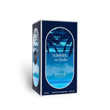 Soghaat Anfar Summer in Dubai 100ml Extrait de Parfum box featuring a blue tropical palm tree and ocean design.