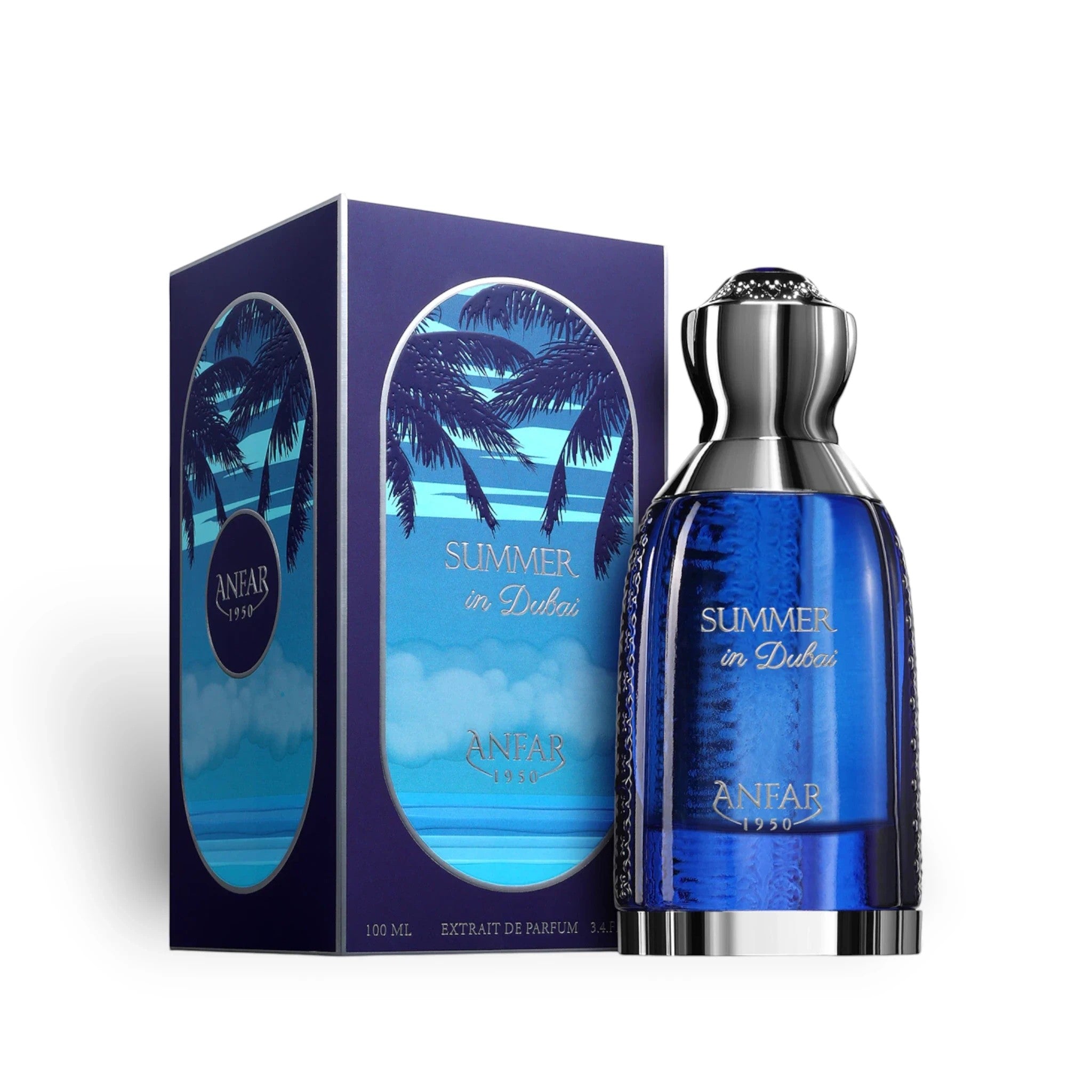 Soghaat Anfar Summer in Dubai 100ml Extrait de Parfum bottle and box with blue tropical palm tree design